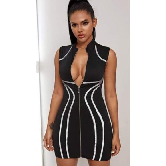 SHEIN Womens Bodycon Dress Zip Front Contrast Reflective Tape Black Size Medium - Picture 1 of 12